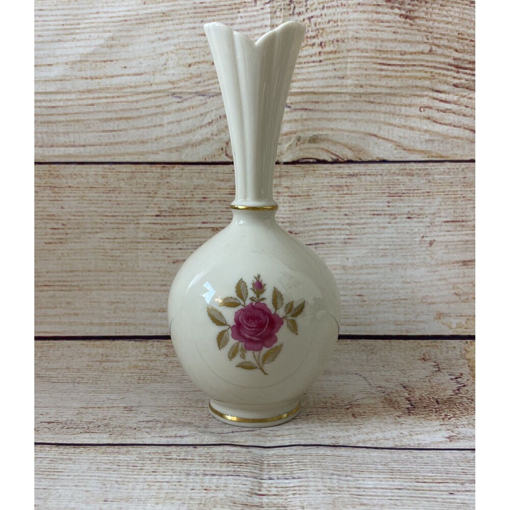 Vintage LENOX‎ 8" Bud Vase Ivory with Pink Gold Roses Gold Trim USA